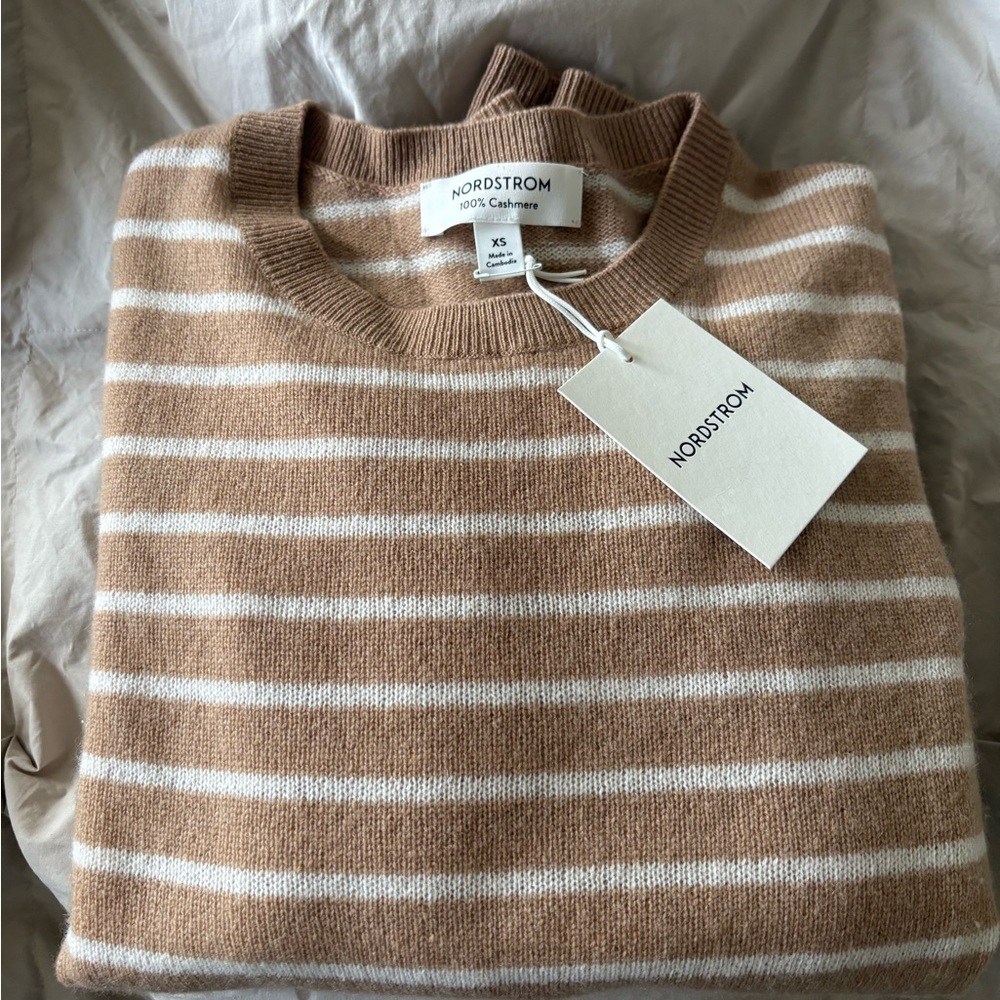Nordstrom Camel and White Striped Cashmere Crewneck Sweater
